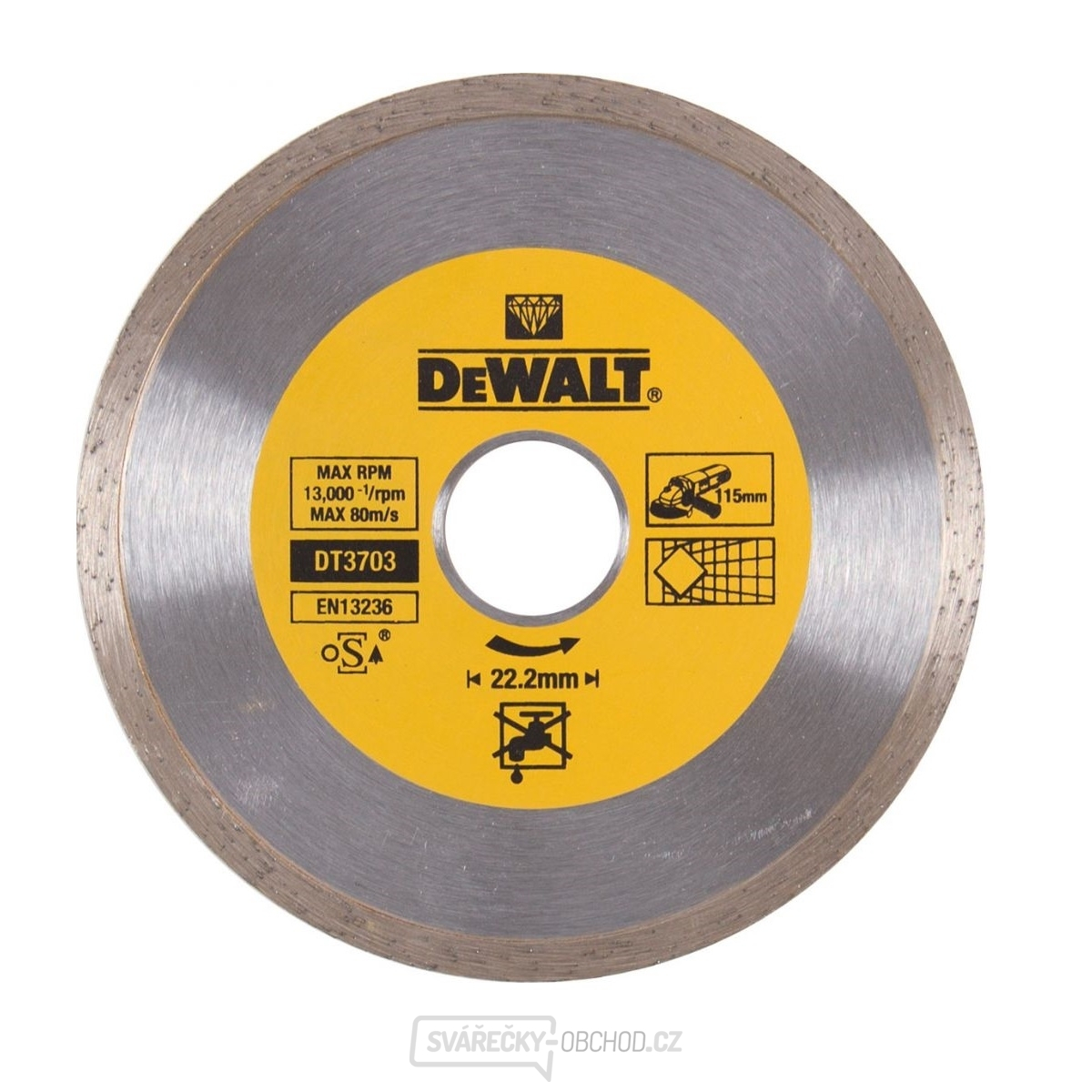 DT3703 Diamantový kotouč se spojitým obvodem ze slinutých karbidů 115x22,2 mm na suché řezání obkladů DeWALT